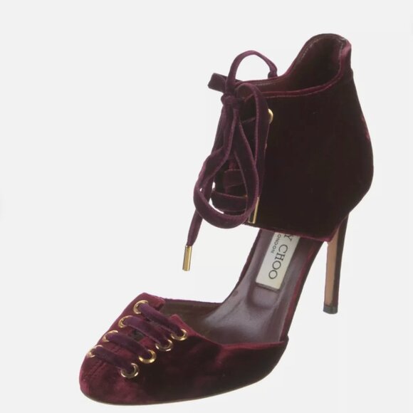 JIMMY CHOO MARI Burgundy Wine Velvet Lace-Up Pumps- SZ IT 36.5 - Picture 1 of 10